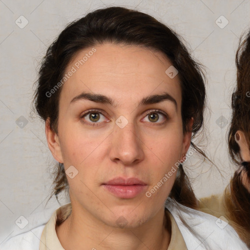 Neutral white young-adult female with medium  brown hair and brown eyes