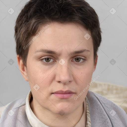 Neutral white young-adult female with short  brown hair and brown eyes