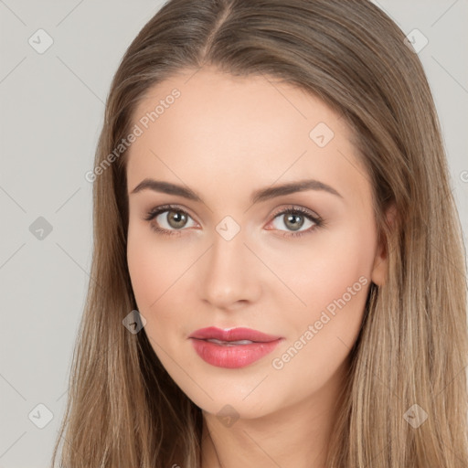 Neutral white young-adult female with long  brown hair and brown eyes