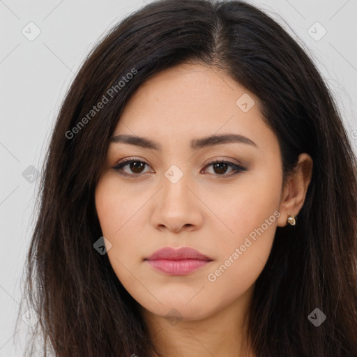 Neutral asian young-adult female with long  brown hair and brown eyes