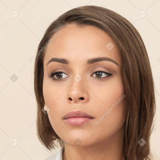 Neutral white young-adult female with long  brown hair and brown eyes