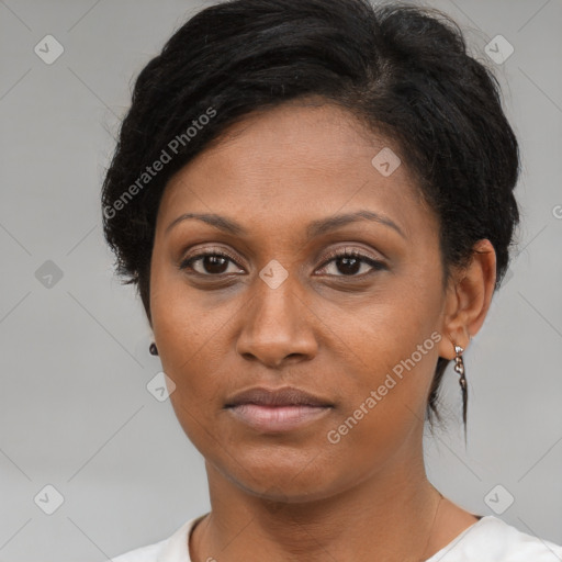 Neutral black adult female with medium  brown hair and brown eyes