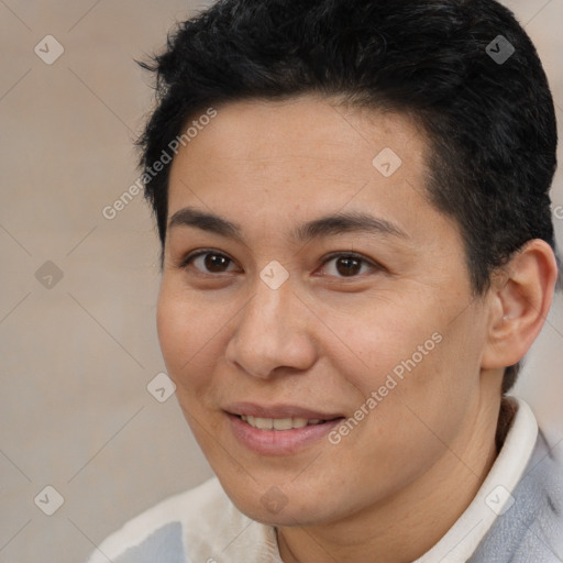 Joyful white adult female with short  brown hair and brown eyes