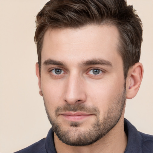 Neutral white young-adult male with short  brown hair and brown eyes