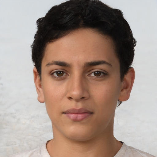 Neutral latino young-adult female with short  black hair and brown eyes