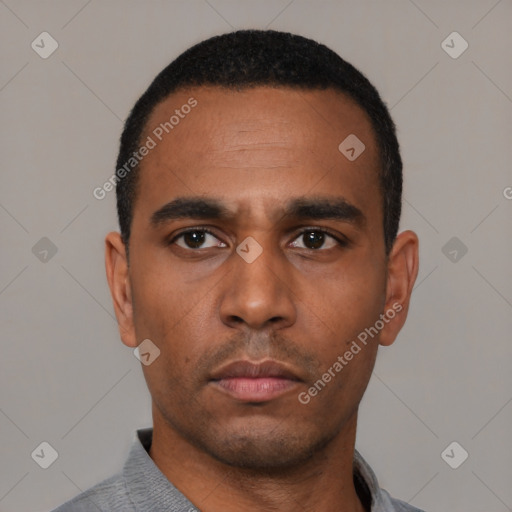 Neutral latino adult male with short  black hair and brown eyes