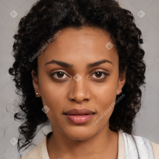 Neutral black young-adult female with medium  brown hair and brown eyes