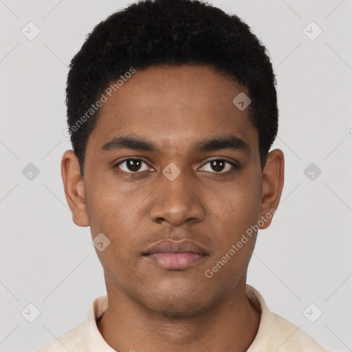 Neutral black young-adult male with short  black hair and brown eyes