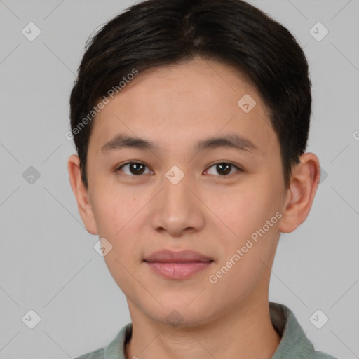 Neutral asian young-adult male with short  brown hair and brown eyes