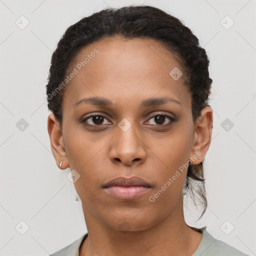 Neutral black young-adult female with short  brown hair and brown eyes