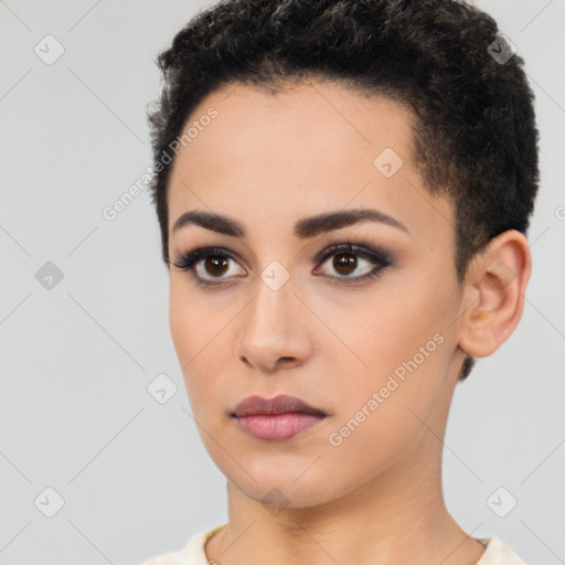 Neutral latino young-adult female with short  black hair and brown eyes