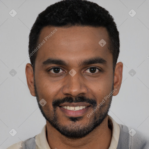 Joyful black young-adult male with short  black hair and brown eyes