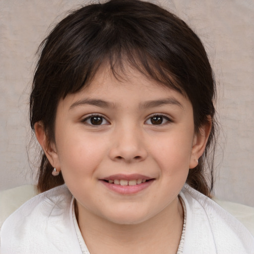 Joyful white child female with medium  brown hair and brown eyes