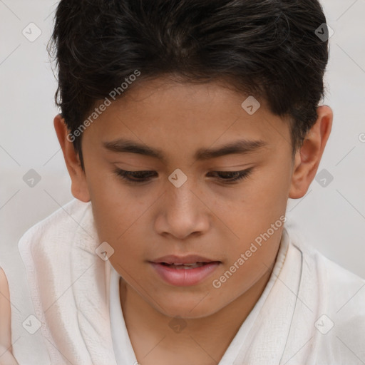 Joyful white child female with short  brown hair and brown eyes