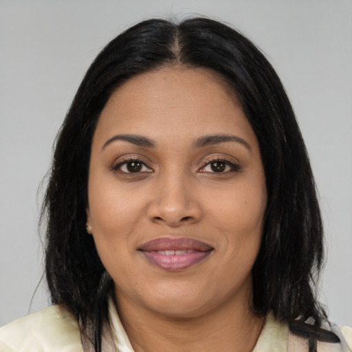 Joyful asian young-adult female with medium  black hair and brown eyes