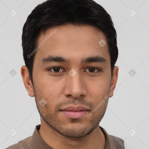 Neutral asian young-adult male with short  brown hair and brown eyes