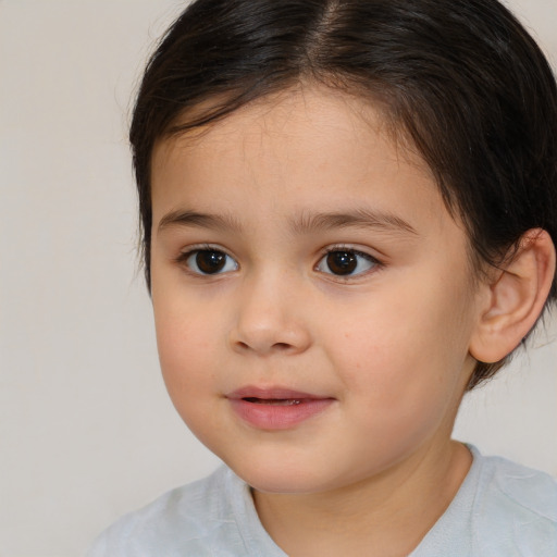 Joyful white child female with medium  brown hair and brown eyes