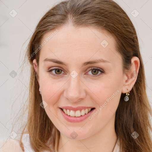 Joyful white young-adult female with long  brown hair and grey eyes