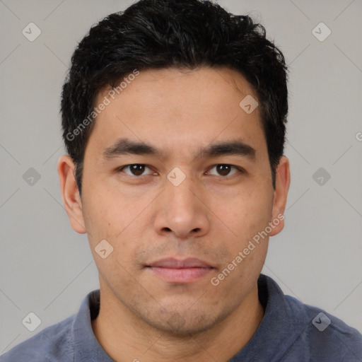 Neutral asian young-adult male with short  brown hair and brown eyes