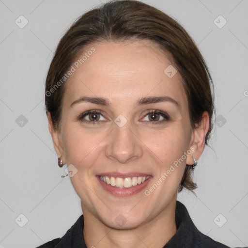 Joyful white young-adult female with medium  brown hair and grey eyes