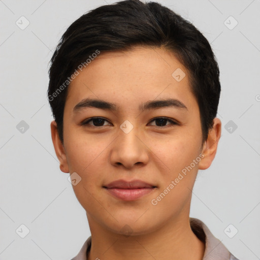 Joyful latino young-adult female with short  brown hair and brown eyes