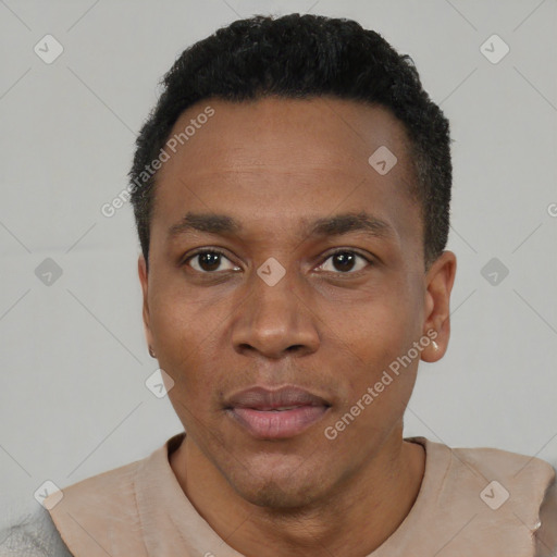 Neutral black young-adult male with short  black hair and brown eyes