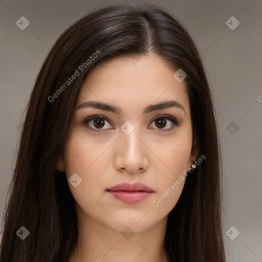 Neutral white young-adult female with long  brown hair and brown eyes