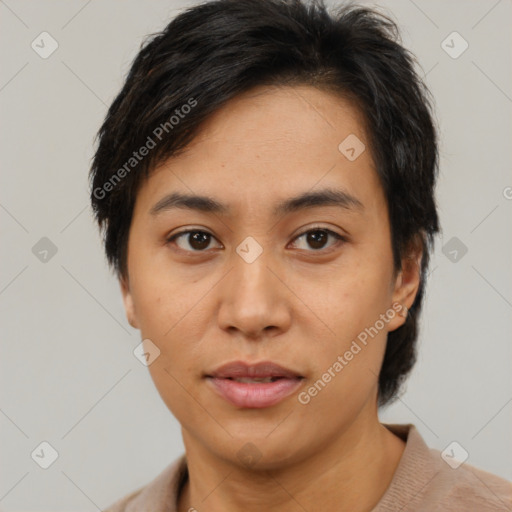 Neutral asian young-adult female with short  black hair and brown eyes