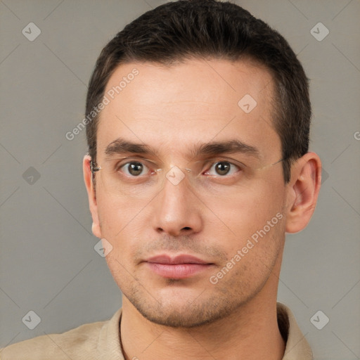 Neutral white young-adult male with short  brown hair and brown eyes