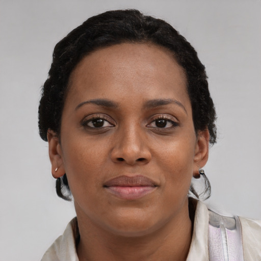 Joyful black young-adult female with short  brown hair and brown eyes