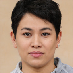 Joyful asian young-adult female with short  brown hair and brown eyes