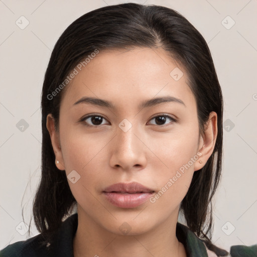 Neutral white young-adult female with medium  brown hair and brown eyes