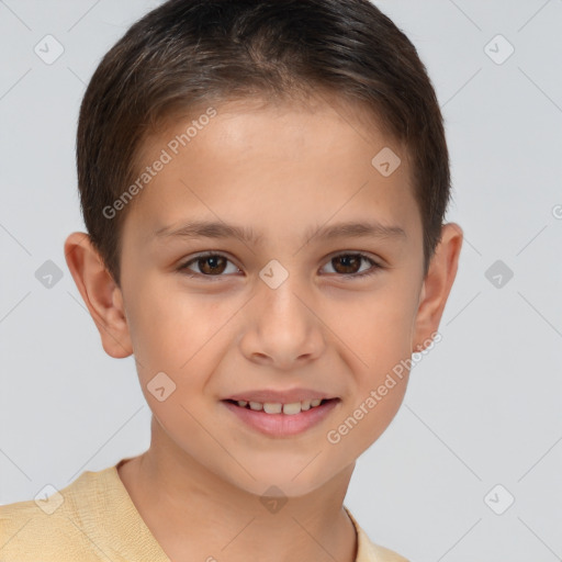 Joyful white child female with short  brown hair and brown eyes