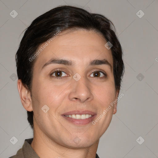 Joyful white adult male with short  brown hair and brown eyes