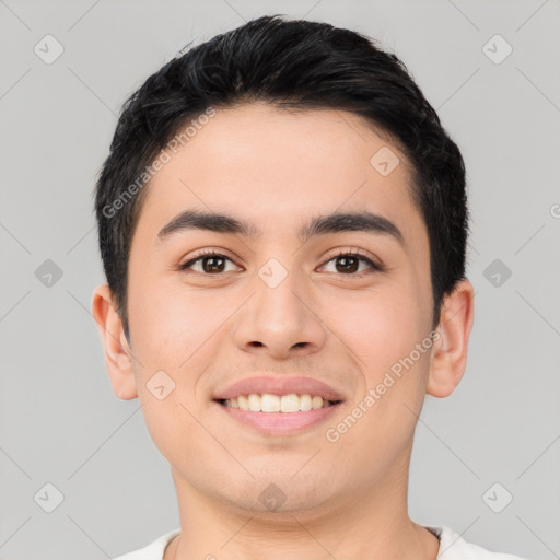 Joyful asian young-adult male with short  black hair and brown eyes