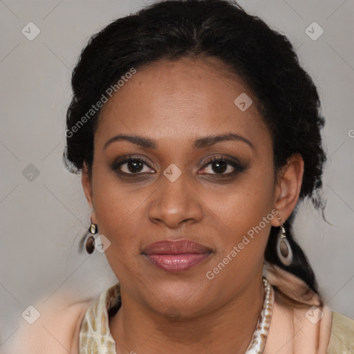 Joyful black adult female with medium  brown hair and brown eyes