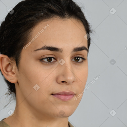 Neutral white young-adult female with medium  brown hair and brown eyes