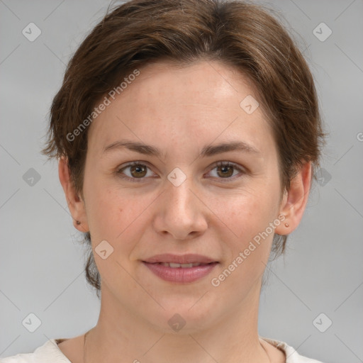 Joyful white young-adult female with medium  brown hair and grey eyes