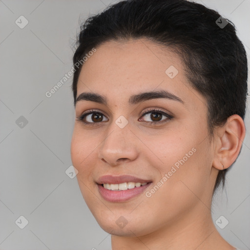 Joyful white young-adult female with medium  brown hair and brown eyes