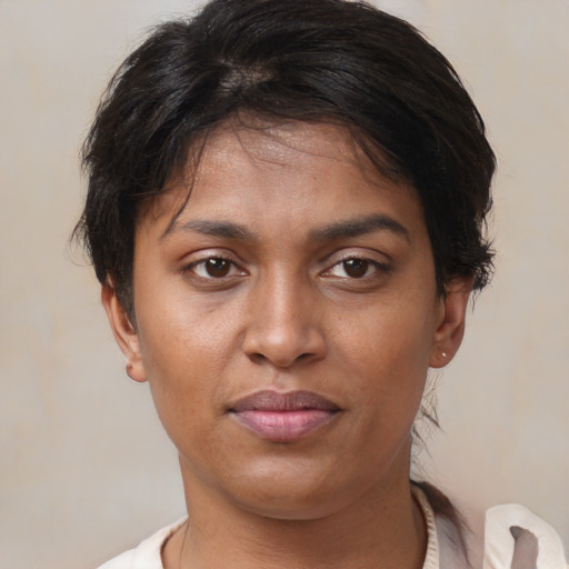 Joyful asian adult female with short  brown hair and brown eyes