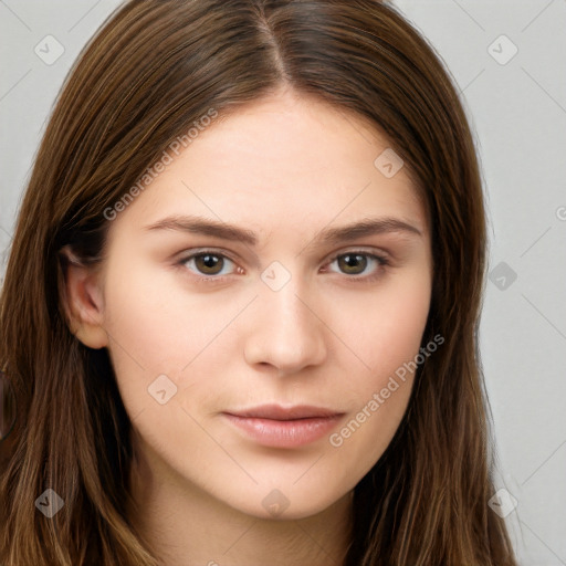 Neutral white young-adult female with long  brown hair and brown eyes