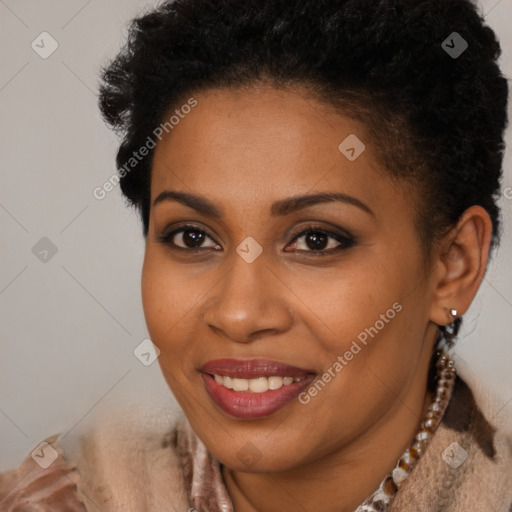 Joyful latino young-adult female with short  brown hair and brown eyes