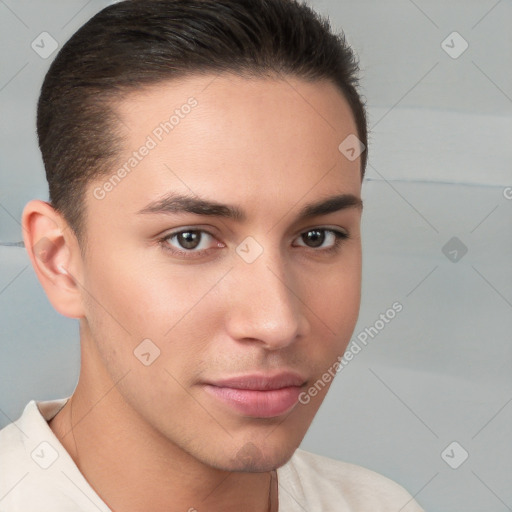 Neutral white young-adult male with short  brown hair and brown eyes