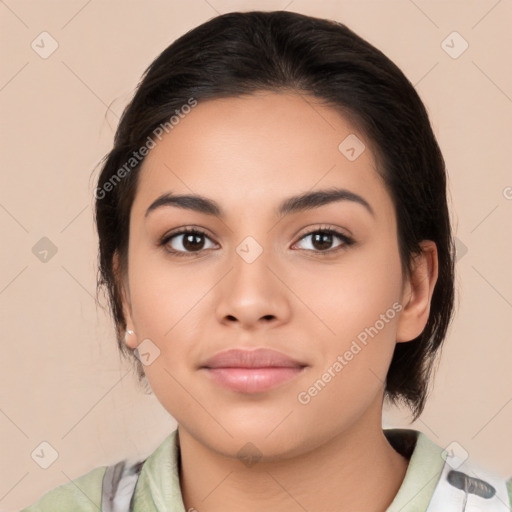 Neutral latino young-adult female with medium  brown hair and brown eyes