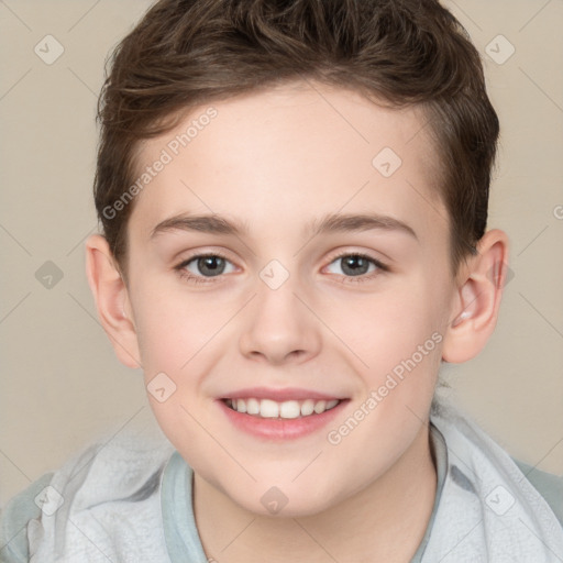 Joyful white child female with short  brown hair and brown eyes