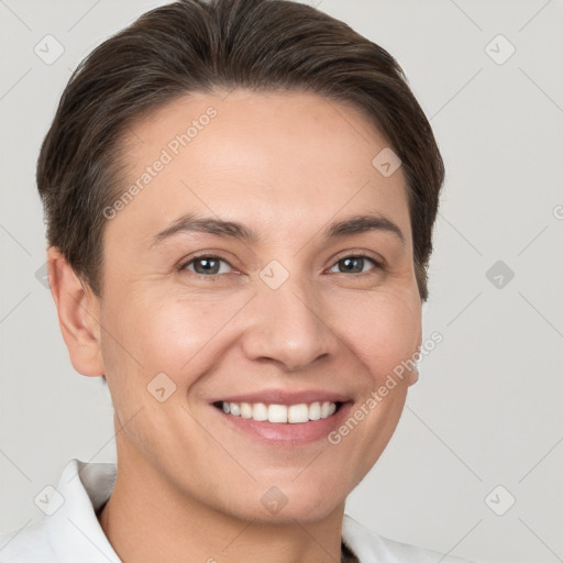 Joyful white young-adult female with short  brown hair and brown eyes