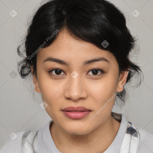 Joyful asian young-adult female with medium  black hair and brown eyes