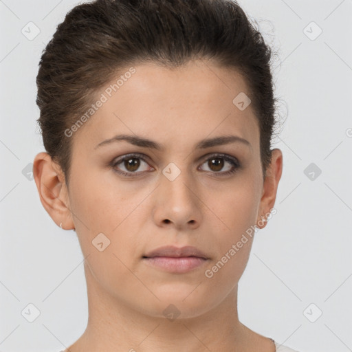 Neutral white young-adult female with short  brown hair and brown eyes