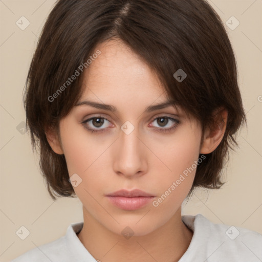 Neutral white young-adult female with medium  brown hair and brown eyes