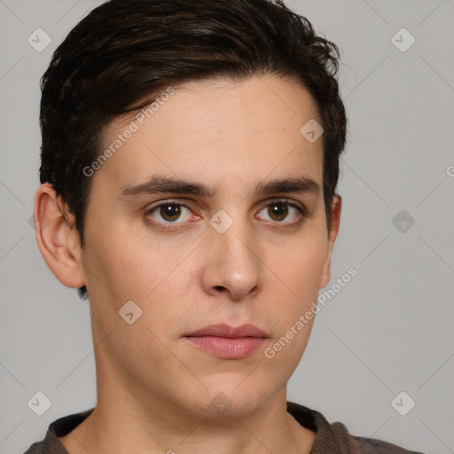 Neutral white young-adult male with short  brown hair and brown eyes